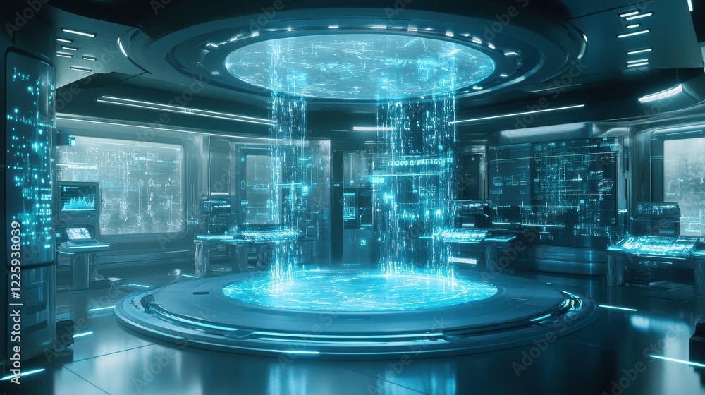 Poster inside a futuristic control room, digital data streams flow from a circular ceiling projection onto 