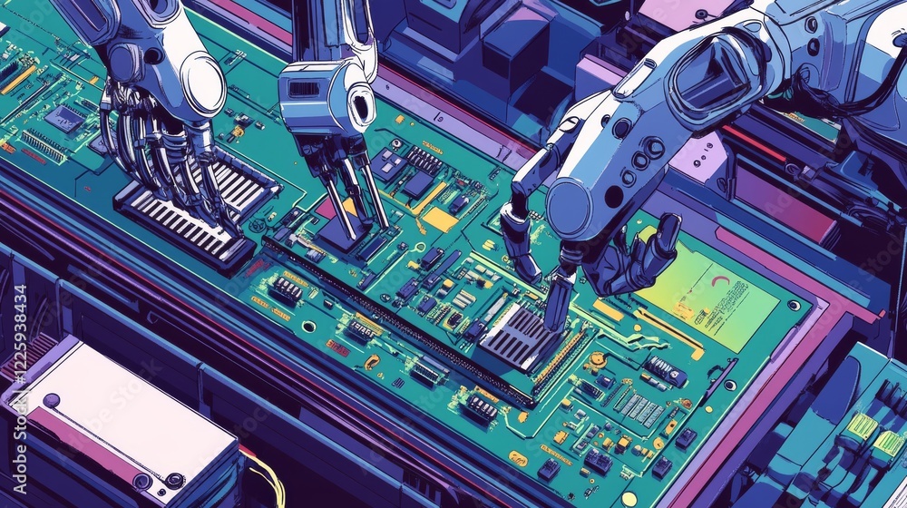 Poster advanced high precision robot arms on fully automated pcb assembly line inside modern electronics fa