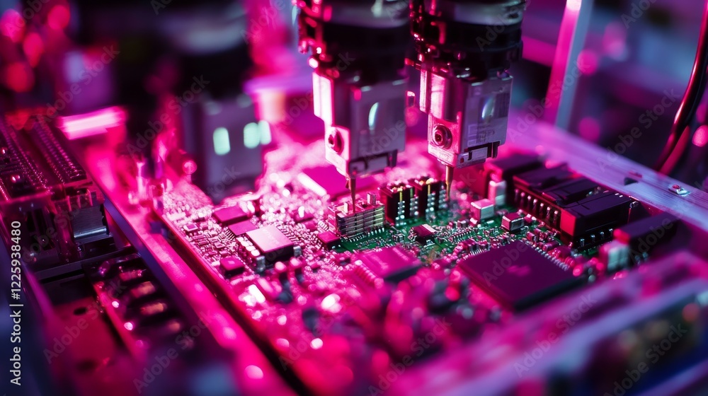 Poster advanced high precision robot arms on fully automated pcb assembly line inside modern electronics fa