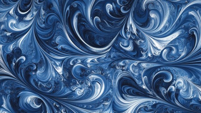 Abstract swirling patterns of blues and whites create a dynamic and fluid texture