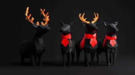 Elegant black reindeer sculptures with red ties in a minimalist setting, adding sophistication to modern holiday decorations