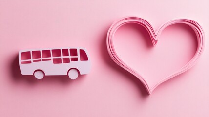 Pink bus cutout and paper heart on pink background