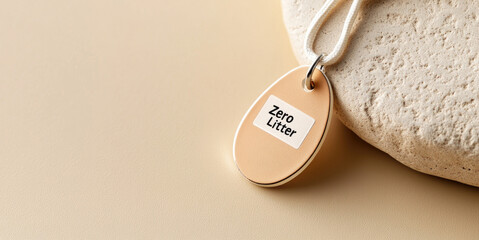 Oval tag with "Zero Litter" on beige background near stone