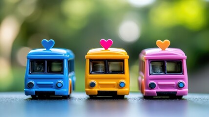 Three colorful toy trucks with hearts on top, symbolizing love and happiness