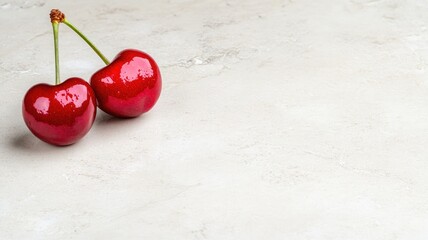 Two fresh cherries with stems on light stone background