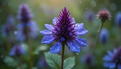 Close Up of a Vibrant Blue and Purple Flower with Dew Drops on Petals in a Soft Focus Garden Setting