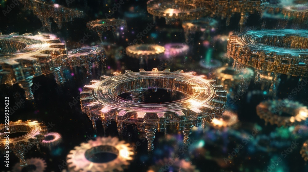 Poster glowing, intricate gears interlock and rotate within a complex mechanism, forming a mesmerizing disp