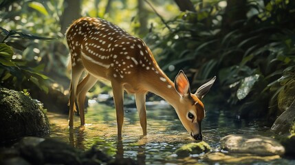Adorable Fawn Drinking from Crystal Clear Stream in Lush Forest