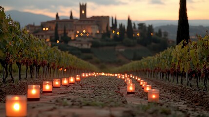 Obraz premium Romantic Vineyard at Sunset with Candles Leading to a Medieval Village
