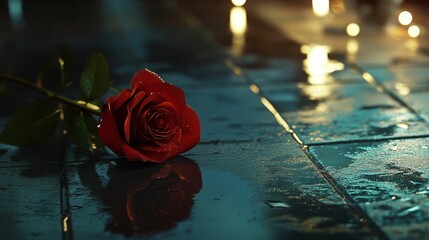 Dark, wet surface; single red rose; blurry lights.