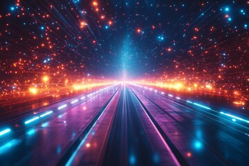 Colorful light trails create a futuristic atmosphere in a cosmic landscape with vibrant stars