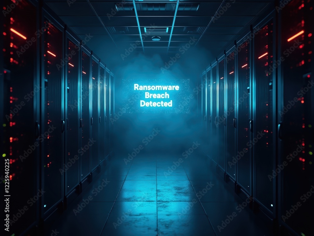 Poster ransomware breach detected in a dark server room with illuminated computer servers during a cybersec