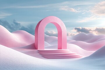 Unique pink archway stands amidst soft pink sand dunes under a bright sky