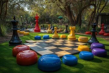 Giant Outdoor Chess and Checkers Area with Oversized Game Pieces in Park Setting
