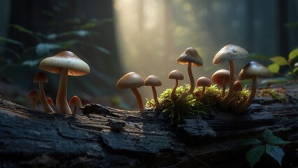 Mushrooms growing on a fallen log in a sunlit forest during early morning hours