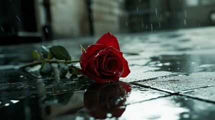 Red rose, wet pavement, rain falling, somber mood.