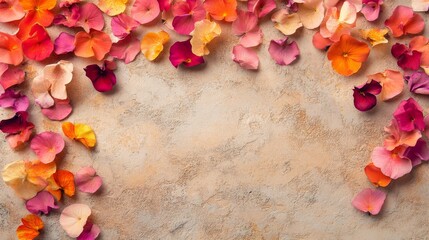Obraz premium Colorful petals and flowers frame a beige background