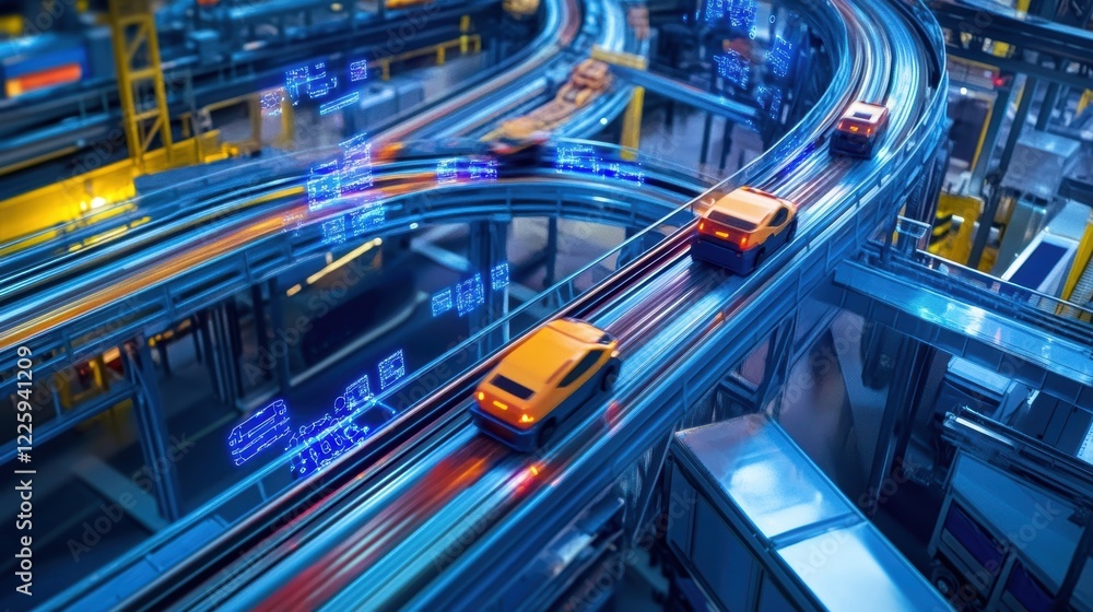 Aufkleber an overhead shot of a conveyor system with autonomous carts in transit showcasing the coordination o