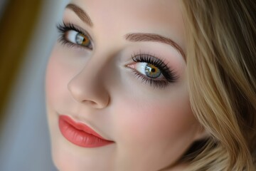 Fototapeta premium Closeup Portrait Beautiful Woman Green Eyes Makeup Blonde Hair
