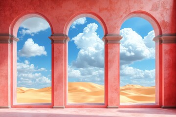 Vast desert landscape framed by elegant arches under a bright blue sky filled with clouds