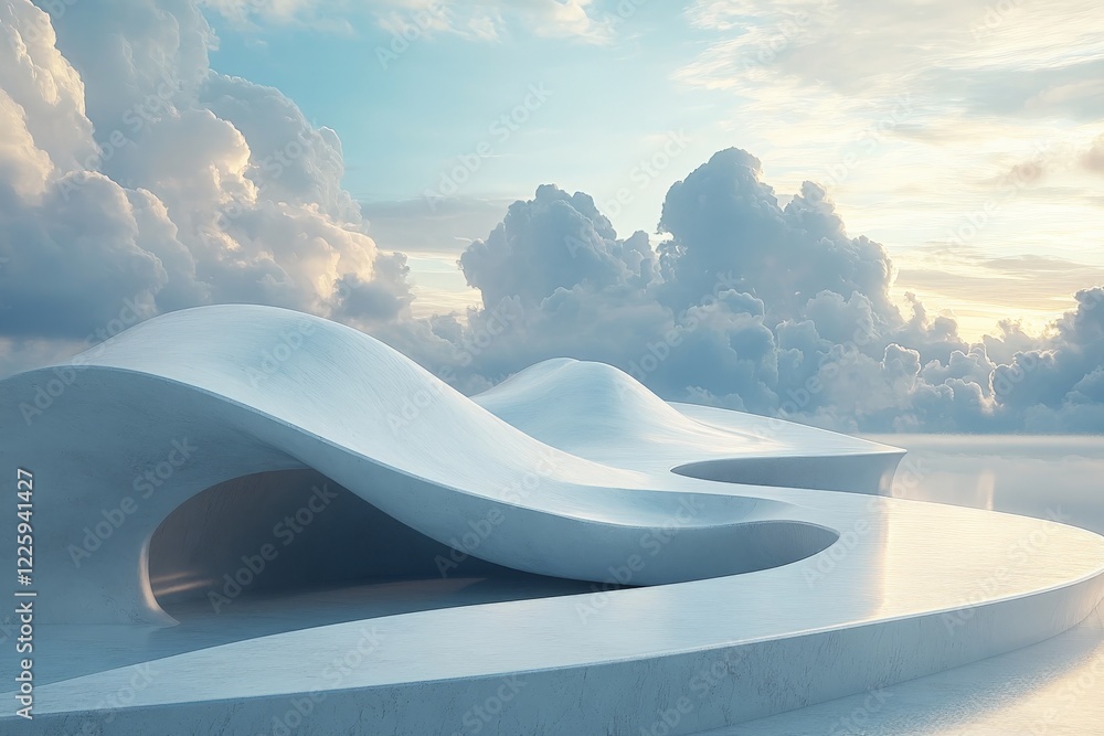 Poster Modern architectural design features flowing white structures against a backdrop of soft clouds and serene sky