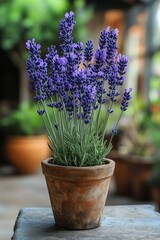 Lavender plant in a rustic terracotta pot sitting on a wooden table, with a blurred garden backdrop, evoking a cozy and natural outdoor ambiance