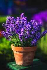 Fototapeta premium Blooming lavender plant in a rustic terracotta pot, placed outdoors in a sunny garden with vibrant greenery and blurred floral background