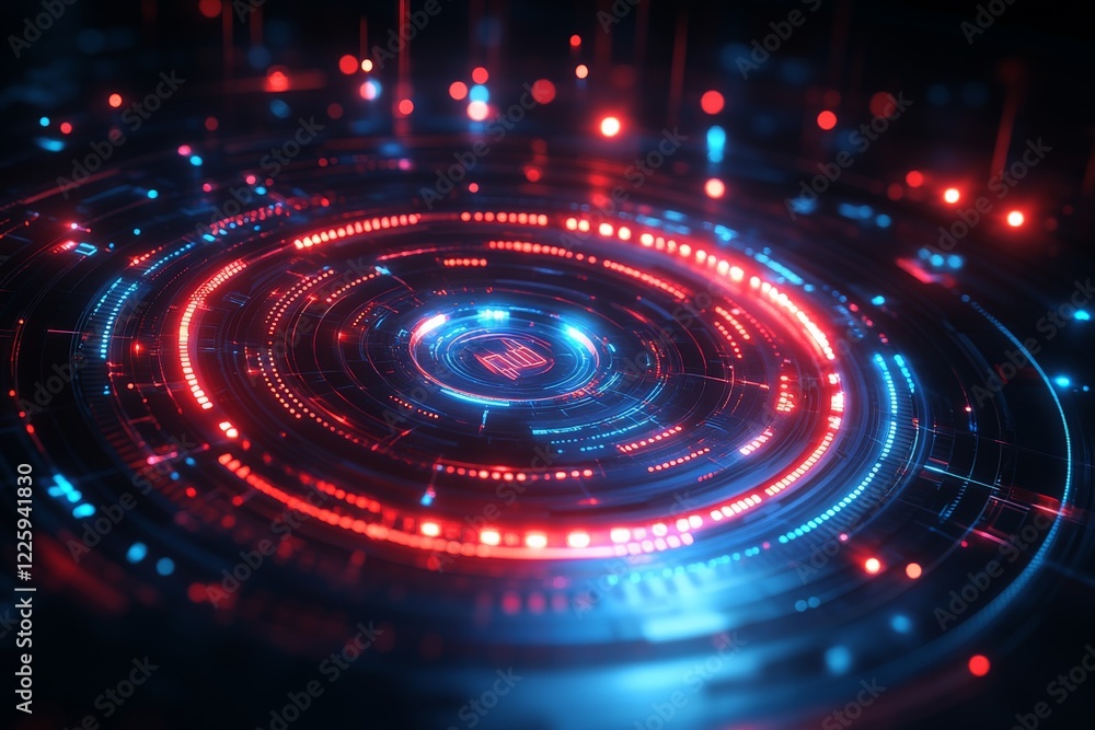 Poster Futuristic digital abstract with vibrant red and blue lights creating a mesmerizing circular pattern in a virtual space