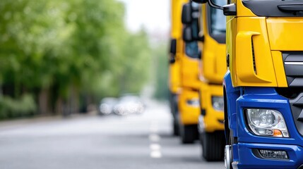 Trucks parked roadside, city background, logistics