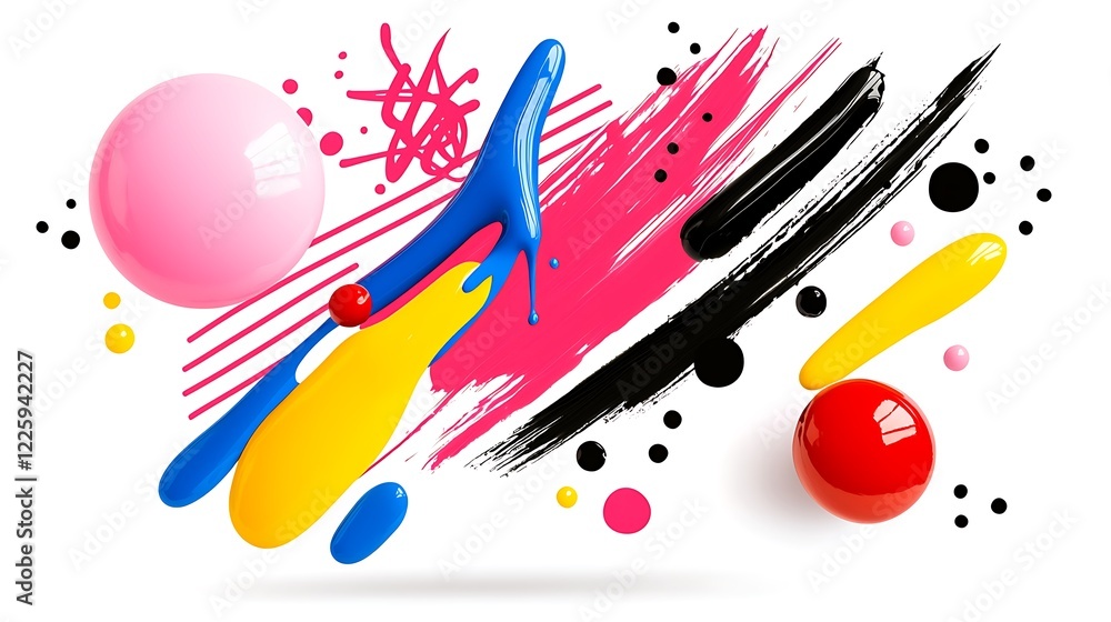 Poster abstract colorful paint splashes and blobs on white background.