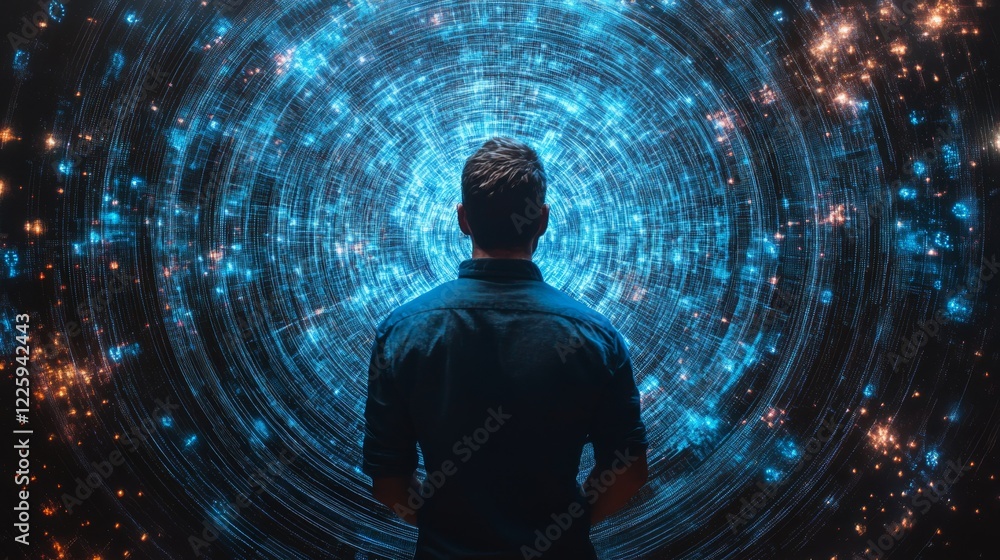 Poster man observing a swirling digital data vortex