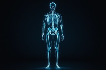 Human skeleton illustration displayed against a dark background for educational purposes highlighting anatomy details
