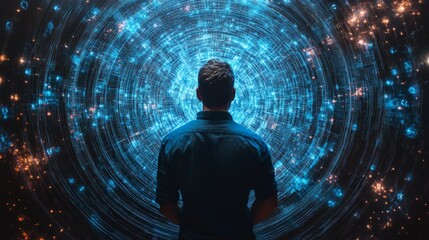 Man Observing A Swirling Digital Data Vortex