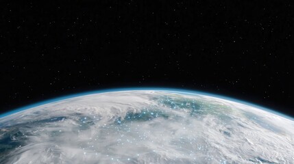 Obraz premium Earth's curve from space, digital network overlay, starry background, global connectivity illustration