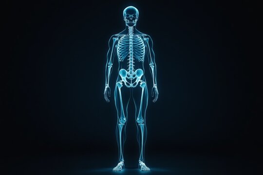 Human skeleton illustration displayed against a dark background for educational purposes highlighting anatomy details