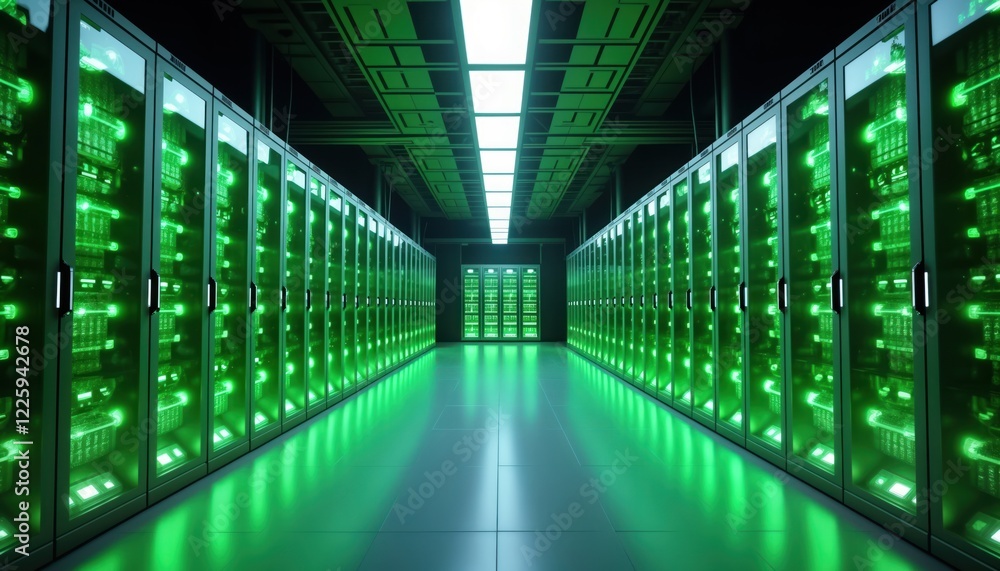 Aufkleber modern server room. rows of green energy-efficient server cabinets glow brightly. tech infrastructur