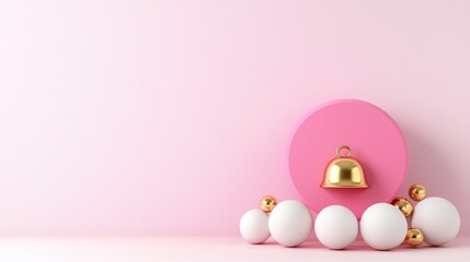 Golden bell on pink platform with spheres, pastel background; website banner