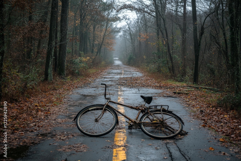 Poster abandoned bicycle on a misty forest path with fallen leaves in autumn