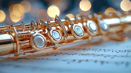 Obraz premium Golden Flute Resting on Sheet Music with Lights