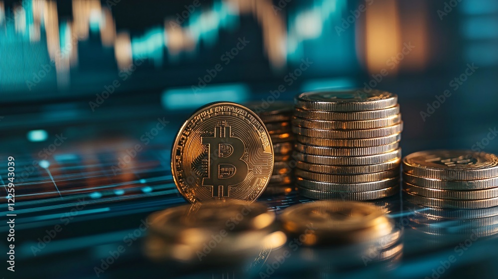 Aufkleber Bitcoin cryptocurrency stack showing increasing value with graph on monitor in background