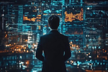 Professional examines data analytics in a high-tech office overlooking a city skyline at night