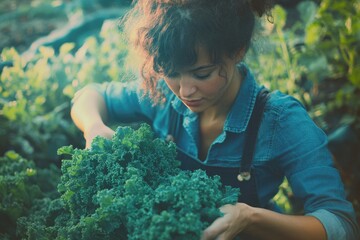 A young woman farmer carefully harvests a lush head of kale in her garden.