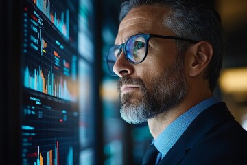 Professional man analyzing financial data on screens in a modern office in the evening
