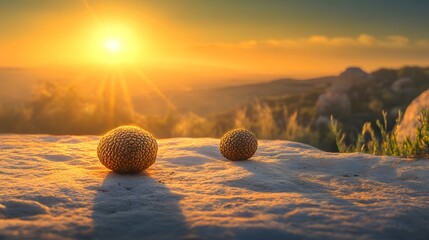 Golden Sunset Landscape with Two Mysterious Orb Objects