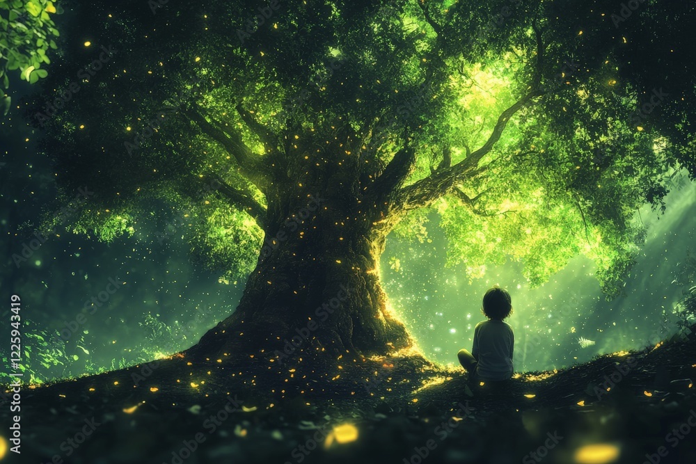 Poster Child sits in awe beneath a majestic tree illuminated by glowing fireflies in a serene forest setting during twilight