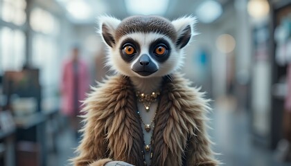 Fototapeta premium Elegant Lemur in Brown Fur Coat and Gold Jewelry Winter Portrait