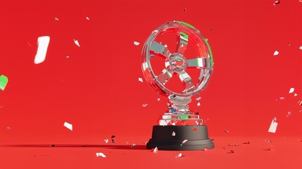 Crystal Car Award Trophy with Metallic Spinning Wheel Design on a Bold Red Background, Symbolizing Automotive Excellence