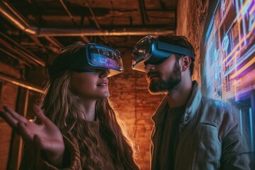 A young couple experiences immersive virtual reality together, interacting with a digital environment projected onto a wall.