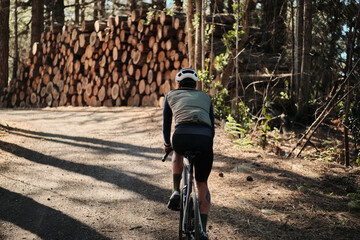 Obraz premium Cyclist rides gravel bike through forest, past a large stack of logs. Sunlight filters through the trees. A sense of adventure and exploration.