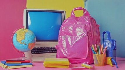 Y2K Set of school items painted in retro style in bright colors.A school Backpack, Globe and a Pen Holder are depicted together with the old screen of computer. Desktop screen and folders in 90s style